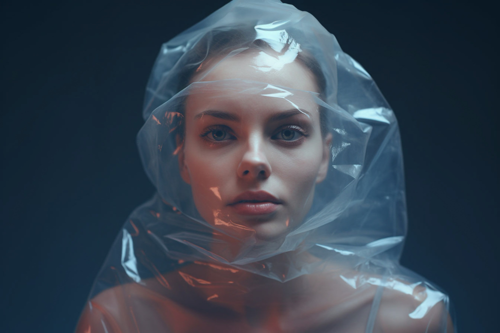 лицо девушки с деперсонализацией под пленкой